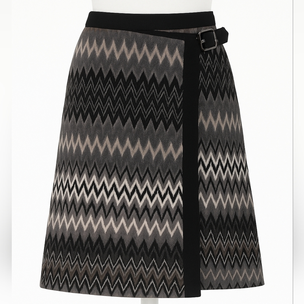 Donna Degnan Sz 8 Midi Gray A-Line Buckle Front Wrap Chevron Zig Zag Office Wear
